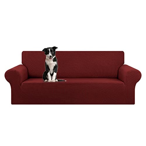 KEKUOU Stretch Oversized Sofa Slipcover 1 Piece Couch Sofa Cover (94"-110") Furniture Protector 4 Seater Sofa with Elastic Bottom for Kid,Pet.Jacquard Checked Pattern Fabric(X Large,Dark Red) - Image 1
