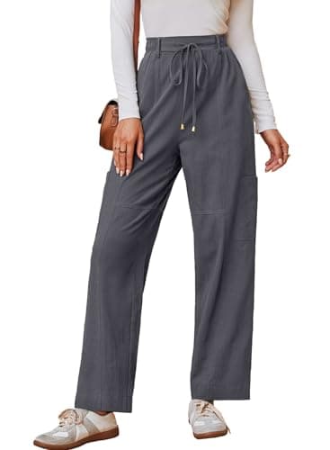 Dokotoo Linen Pants Women High Waisted Drawstring Stretch Pants Casual Loose Outdoor Travel Trousers Elastic Waistband with 4 Pockets Grey - Image 1