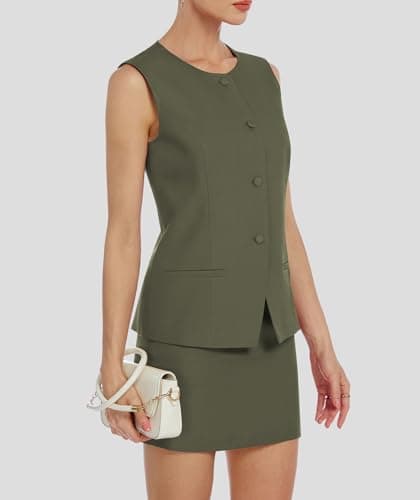 Casly Lamiit Womens Suits 2 Piece Set Summer Business Blazers Vest Skirts Set Button Down Sleeveless Waistcoat Dressy Casual Outfits Army Green L - Thumbnail 3
