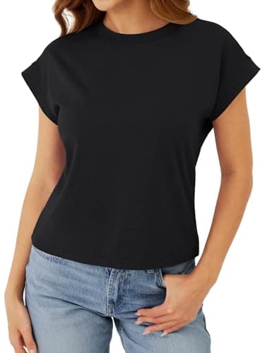 GKBK Cotton Cap Sleeve Womens Tops Crop High Neck Short Sleeve Summer Cute Casual Shirts Boxy Spring Clothing Outfits Black - Thumbnail 4