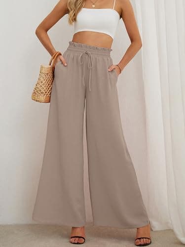 AusLook Women's Wide Leg Dress Pants with Pockets Wheat X-Large Lightweight Elastic High Waisted Adjustable Tie Knot Flowy Loose Slacks Lounge Casual Ladies Beach Pleated Trousers - Thumbnail 2