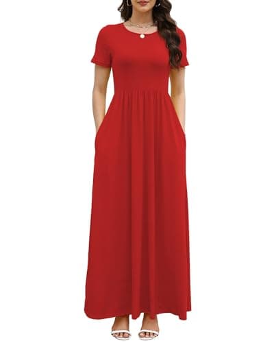 COSSEN Women’s Crewneck Short Sleeve Maxi Dress Red X-Large with Pockets – Casual Loose Swing Sundress for Wedding Guest, Beach & Vacation