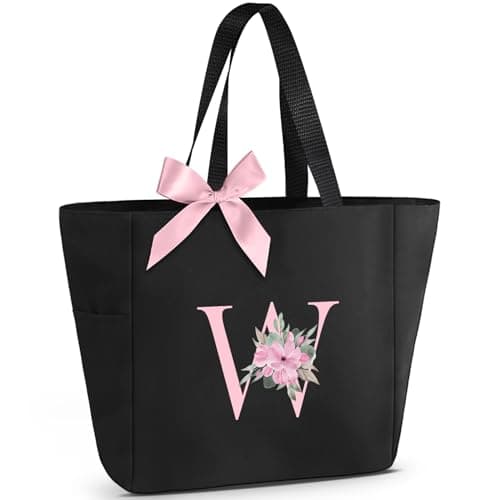 Vavabox Tote Bag, A-Z Initial Monogrammed Waterproof Tote Bag, Bridesmaid Gifts for Women, Black and Pink (W, Black) - Image 1
