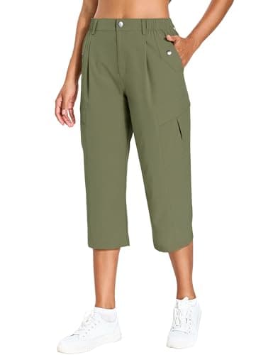 Women's Cargo Capris Lightweight Quick Dry Hiking Pants Water Resistant Summer Travel Pants with 6 Pockets 2026 (Army Green,S)