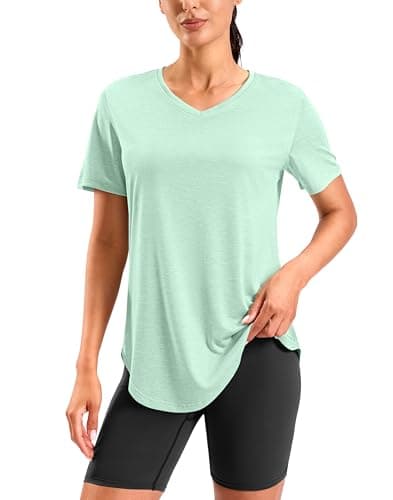 Viodia Womens Workout Tops Full Back Coverage Plus Size Athletic Shirt UPF 50+ Short Sleeve T Shirts V Neck Yoga Tunic Heather Light Pea Green 3XL - Image 1