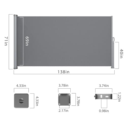 RPGT Retractable Side Awning 71"x138", Aluminum Patio Awnings for Outdoor with Removable Base, 280G UPF50+ Heavy-Duty Sun Shade, Gray (Gray, 71"x138") - Thumbnail 2