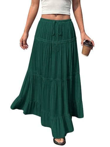 BTFBM Spring Skirts for Women 2026 Summer Boho Beach Vacation Clothes Casual Pleated High Waisted Flowy Maxi Skirt(Green, X-Large) - Image 1