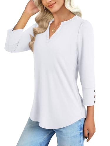 NORACORA 3/4 Length Sleeve Womens Tops with Button Cuffs Dressy Casual Blouses for Women V Neck T Shirts Beach Vacation Spring Summer Outfits White XL - Thumbnail 3