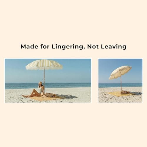 DEER LAND 6FT Stripe Fringe Beach Umbrella for Sand with Sand Anchor, UPF 50+ Sun Shade with Tassels, Adjustable Tilt Pole, Portable Coastal Umbrella for Beach & Pool, Heritage Mimosa Stripe - Thumbnail 3