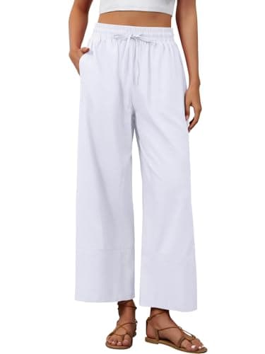 grewley White Linen Pants Women Cotton Baggy Boho Pants Casual Palazzo Pants Wide Leg Beach Pants for Women White M - Image 1