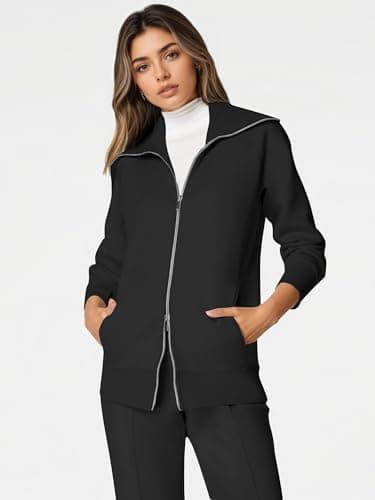 COCOMARTS Womens Crewneck Sweatshirts Zip Up Hoodies Casual Jacket with Pockets 2025 Fall Winter Fahsion Outfits Clothes Black Small - Thumbnail 2
