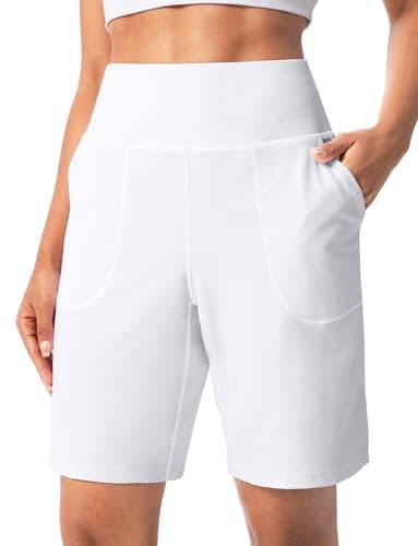 Cyasundent Women's Athletic Shorts with Zipper Pocket 9" High Waisted Bermuda Shorts for Women Workout Walking Running(White_L) - Image 1