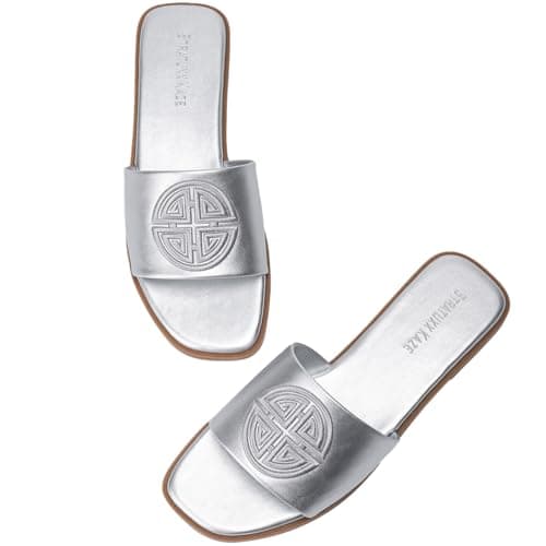 Stratuxx Kaze Womens Flat Sandals Dressy Summer Slide with Memory Foam Comfortable Cute Leather Silver Sandals for Women - Image 1