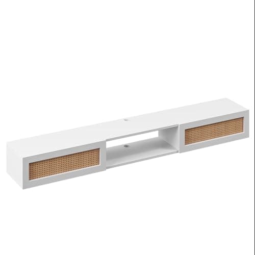 FurniNova 70" Floating TV Stand with Natural Rattan Doors, Boho Wall Mounted Media Console for 75 80 85 inch TV, Extra Long Entertainment Center with 3 Cabinets, Storage & Cable Holes, White - Thumbnail 5