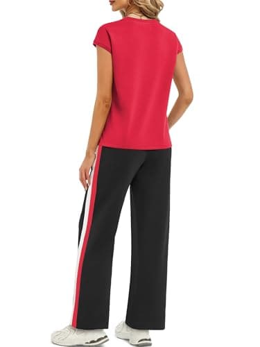 Casly Lamiit Womens Summer Outfits Travel Lounge Sets Short Sleeve Two Piece Sets Crew Neck Casual Tracksuits Red XS - Thumbnail 4