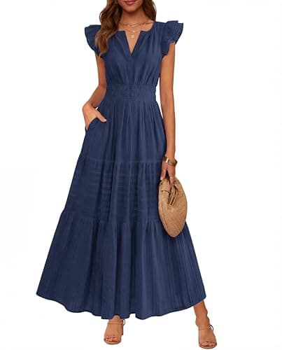 BTFBM Womens Summer Maxi Dress 2026 Spring Boho Vacation Ruffle Flutter Short Sleeve A Line Tiered Flowy Dresses Pockets(Navy Blue, Medium) - Image 1