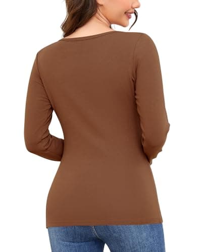 Ganado Long Sleeve Shirts for Women V Neck Thermal Shirt Layering Undershirts Plain Fitted Basic Tops (Coffee, XX-Large) - Thumbnail 2