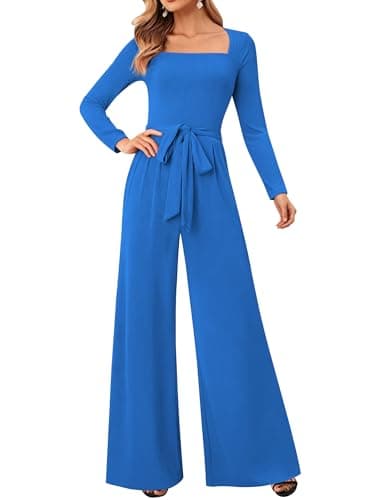 LOOKBOHO Jumpsuits for Women Square Neck Casual Dressy Formal Elegant Belted Wide Leg Long Rompers With Pocket Blue S - Image 1