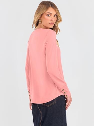 ANRABESS Long Sleeve Shirts for Women Crewneck Basic Tee Striped Tops 2026 Fall Casual Loose Fit T Shirts Fashion Outfits Coral Small - Thumbnail 6