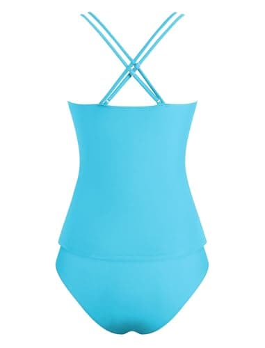 ZAFUL Two Piece Swimsuit for Women Modest Swimsuits for Women Solid Two Piece Bathing Suits Tummy Control Ruched Tankini 50s Retro Tankinis (Sky Blue XXL) - Thumbnail 4