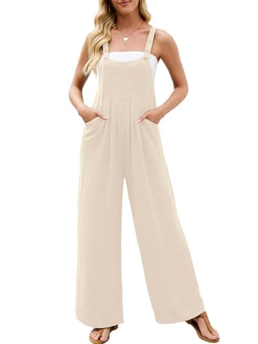 Heymoments Overalls Jumpsuits Rompers for Women Ivory Medium Casual Maternity Winter Fall Comfy Ladies Loose Fit Dressy Wide Leg One Piece Sleeveless Grils Long Bib Baggy Pants with Pockets - Image 1