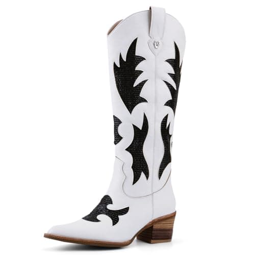 QIV White Cowboy Boots for Women Western Mid Calf Pointed Toe Chunky Heel Cowgirl Boots with Embroidered Size 9.5 - Image 1