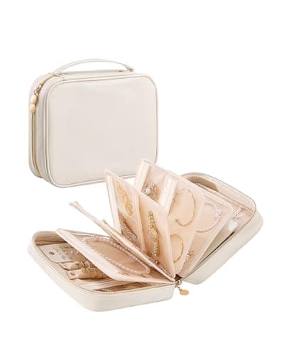 Lolalet Travel Jewelry Notebook Organizer Case, Large Jewelry Binder Book with Individual Pouches, Portable Leather Zippered Bag for Storage of Earring, Ring & Necklace, Gift for Women -Beige - Image 1