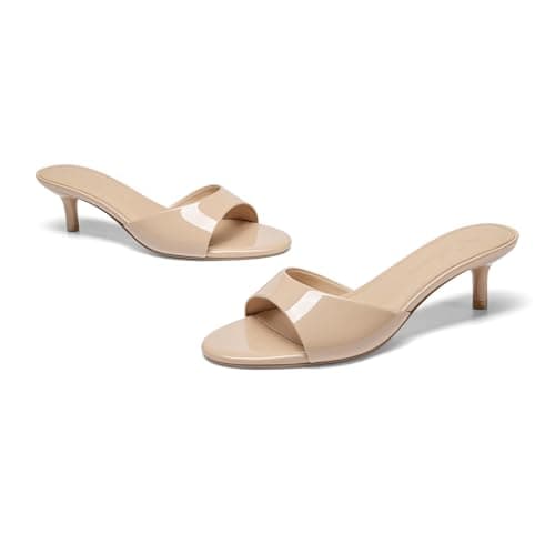 Athlefit Kitten Heels for Women Open Toe Comfortable Dressy Short Low Heels Slip On Party Prom Vacation Heeled Sandals Nude Patent Size 10 - Thumbnail 6