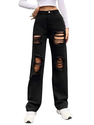 Genleck Women Loose Ripped Boyfriends Jeans High Waist Baggy Denim Pants Distressed Wide Leg Y2K Mom Jeans Black 90s - Image 1