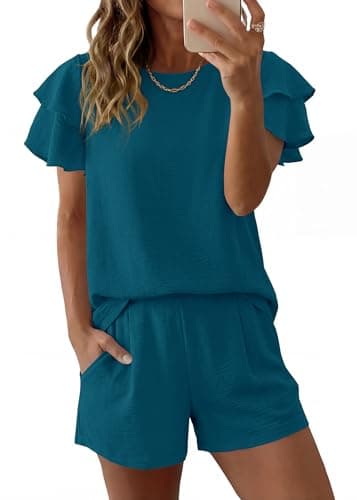 KIRUNDO 2 Piece Sets For Women Summer Ruffle Short Sleeve Top Elastic Waist Pants Matching Lounge Set Vacation Travel Outfits(Dark Blue, XX-Large) - Image 1
