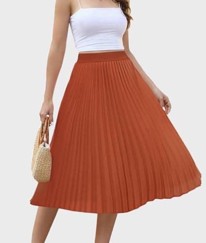 Women's Midi Skirt Elastic High Waist Pleated Skirt Knee Length Swing A-Line Casual Flowy Skirts 2025 Red Brown,XXL - Thumbnail 2