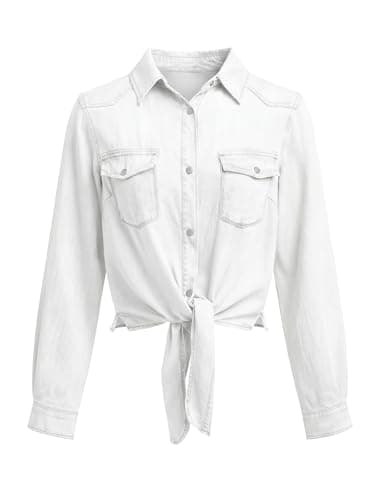 PRETTYGARDEN Womens Tie Knot Front Snap Button Jean Shirts Chambray Snap Button Cardigan Summer Tops for Women Trendy Jacket (White, XX-Large) - Thumbnail 5
