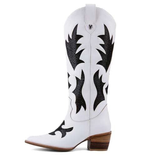 QIV White Cowboy Boots for Women Western Mid Calf Pointed Toe Chunky Heel Cowgirl Boots with Embroidered Size 9.5 - Thumbnail 6