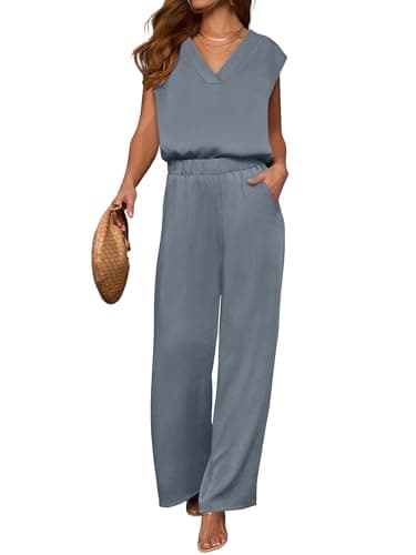 ANRABESS Women Summer 2 Piece Outfits, V-Neck Top and Wide Leg Pants Set, Comfy All-Day Wear for Lounge & Daily, Travel Sets Grey Blue Small