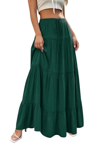 BTFBM Spring Skirts for Women 2026 Summer Boho Beach Vacation Clothes Casual Pleated High Waisted Flowy Maxi Skirt(Green, Large) - Thumbnail 6