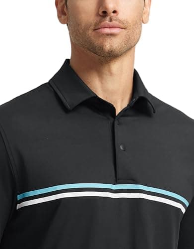 M MAELREG Golf Polo Shirts for Men Chest Striped Print Business Casual Collared Moisture Wicking Dry Fit Golf Polos Black - Thumbnail 3