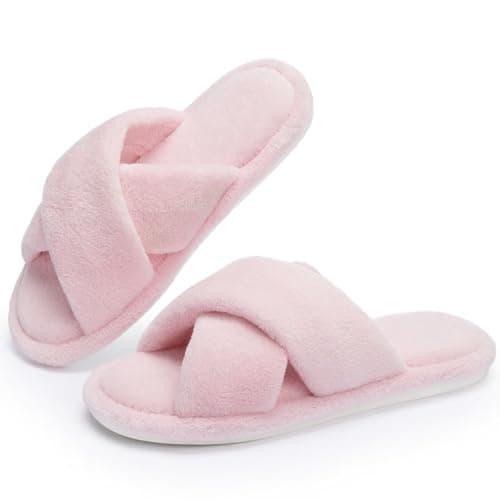 NineCiFun Women's Slippers Open Toe Cross Band Breathable House Shoes with Memory Foam, Cozy Footbed, Non-Slip Indoor Slides Pink 5 6 - Image 1