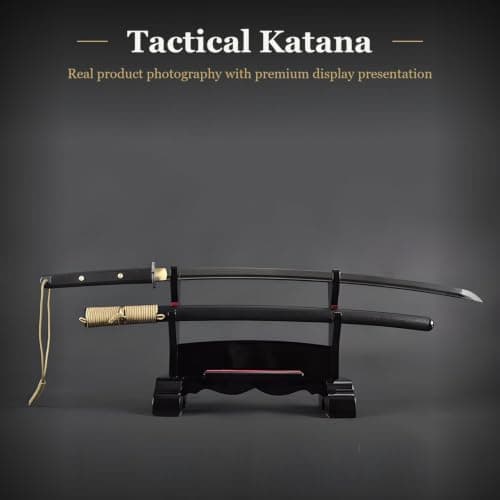 HMS Real Katana Sword - Hand Forged Manganese Steel Full Tang Blade, Functional Japanese Sword for Cutting Practice & Collectors, Black - Thumbnail 2
