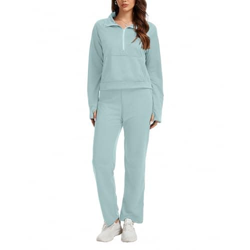 Anyshe Women's 2 Piece Sweatsuit Set Lounge Set Half Zip Sweatshirt with Kangaroo Pocket Thumb Holes Wide Leg Drawstring Pants Casual Tracksuit for Travel Daily Wear, Sky Blue, Medium - Image 1
