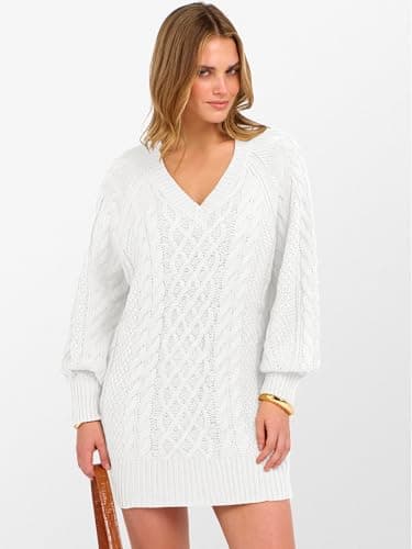 ANRABESS Womens Long Sleeve V Neck Oversized Cable Knit Mini Sweater Dresses 2026 Winter Fall Trendy Pullover Tunic Outfits White Large - Thumbnail 4