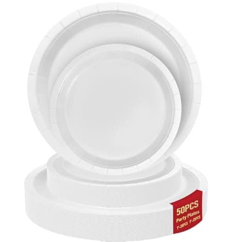 50 White Paper Plates for Party Set Includes 25-9" & 25-7" Thickened Disposable Plates, Birthday Cake Dessert Plates for Party Supplies & Decoration, Ideal for Birthday, Wedding, Baby Shower - Image 1