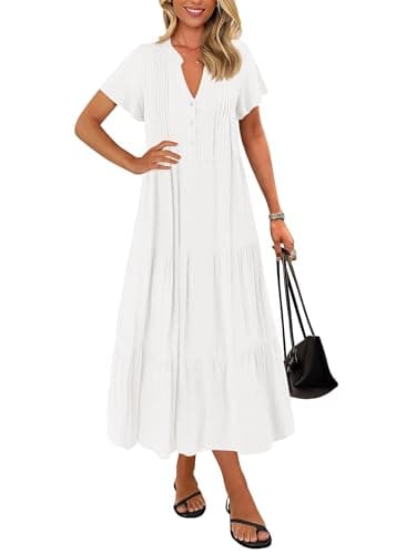 KIRUNDO Summer Maxi Dresses for Women 2026 Spring Fashion Short Sleeve Button V Neck Pleated Loose Tiered Swing Flowy Dress(White, Large) - Image 1