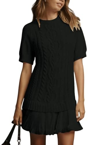 Yidarer Women's Cable Knit Sweater Dress Short Sleeve Patchwork Dress Pleated Hem Twofer Style Casual Daily Wear(Black-L) - Image 1