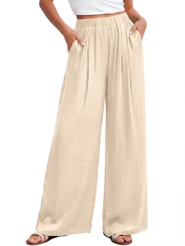 KIRUNDO Womens Wide Leg Pants Flowy Palazzo Pants Summer Elastic Waist Lounge Trousers with Pockets Beach Vacation Clothes(Apricot, Small) - Image 1