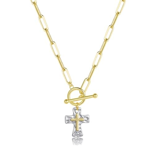 KALOAURA Chunky Cross Necklace for Women, 14K Gold/Silver Plated Statement Paperclip Chain Double Cross Pendant Necklaces Non Tarnish for Faith Religious Christian Jewelry Gifts, Silver - Image 1