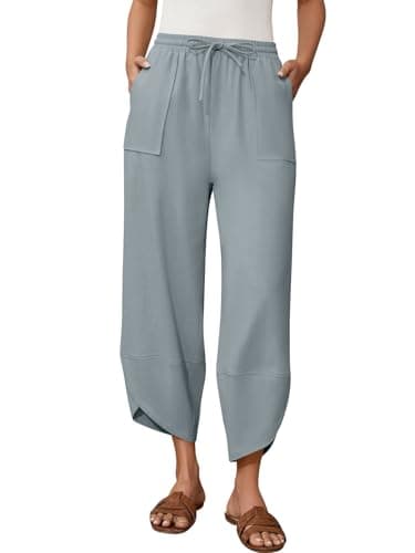grewley Womens Flowy Linen Pants Wide Leg Palazzo Drawstring Elastic Waist Trousers with Pockets Beach Light Grey M - Image 1