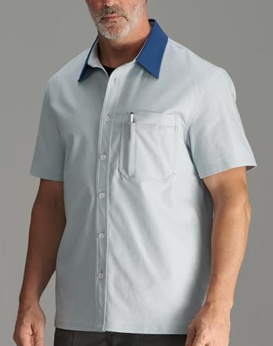 CHRONOLINE Men's Short Sleeve Button Up Shirt with Pocket Cotton Contrast Collar Spring Summer Outdoor Work Shirt for Men, Ice Blue, S - Thumbnail 3