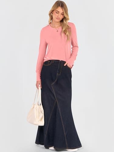 ANRABESS Long Sleeve Shirts for Women Crewneck Basic Tee Striped Tops 2026 Fall Casual Loose Fit T Shirts Fashion Outfits Coral Small - Thumbnail 4