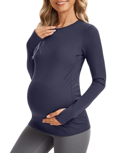 MathCat Maternity Long Sleeve Shirt with Thumbleholes,Pregnancy Casual Tops Athletic Yoga Maternity Shirts - Thumbnail 2