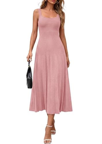 PRETTYGARDEN Spring Dresses for Women 2026 Summer Casual Sleeveless Square Neck A Line Knit Pleated Midi Cocktail Party Dress (Pink,Small) - Image 1